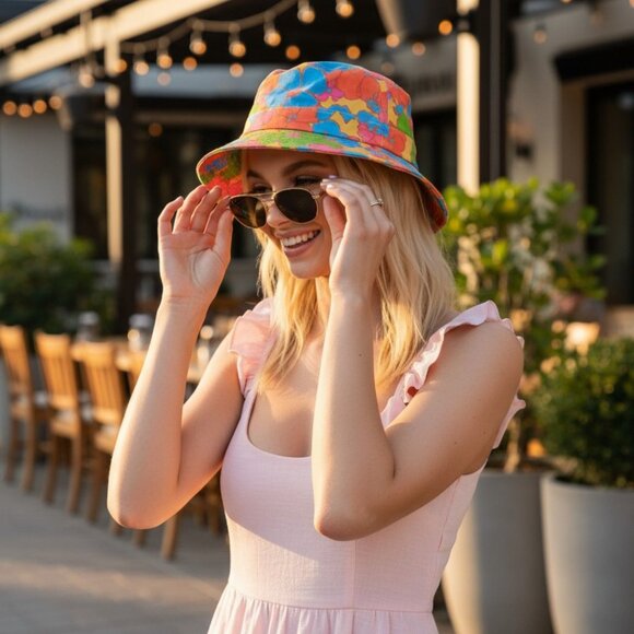 Frankies Bikinis Groovy Jax Multicolor Floral Cotton Bucket Hat Retro Festival - Picture 3 of 5